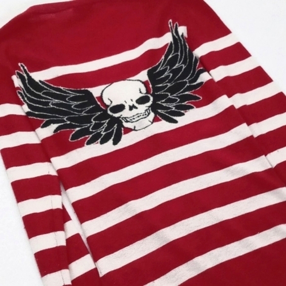 *Relisted* Cashmere & Silk Red White Stripe Long Sleeve Cardigan Skull on Back S - Picture 6 of 14